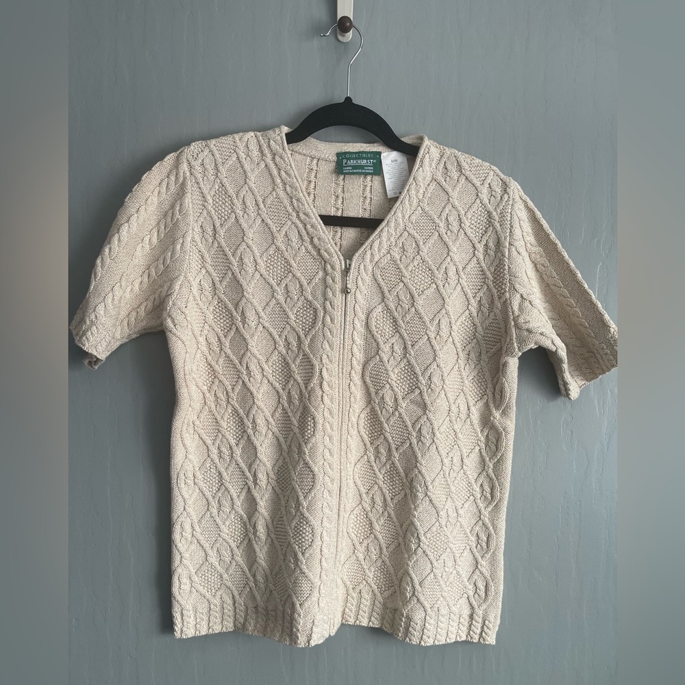 Vintage Parkhurst Cream Cable-Knit Zip-Up Short-Sleeve Cardigan Women’s Size M